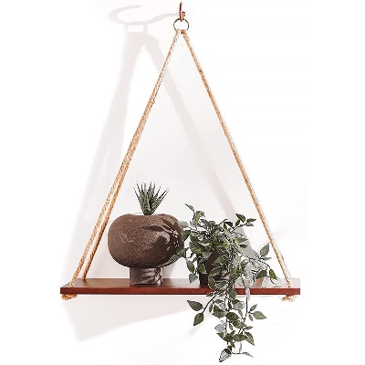 Picture of (Test Product)  Furnisha  Wall Hanging Shelf, Chocolate Color Floating Shelves for Wall, Jute Rope Wall Mounted Float Swing Shelf with 2 Hooks, Rope Hanging Shelves Rustic Storage Rack for Home Office Decor