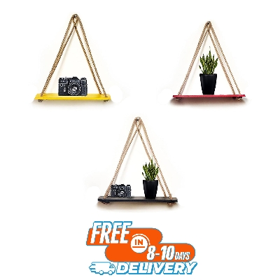 Picture of (Test Product)  Furnisha  3 Color Wall Hanging Shelf, Wall decor Combo of 3 Set of Rectangle Design Multi Color Wood Floating Shelves for Wall Rustic Rope Shelves, Display Unit, Plant Stand For Your Home & Office Use