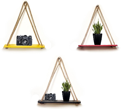 Picture of (Test Product)  Furnisha  3 Color Wall Hanging Shelf, Wall decor Combo of 3 Set of Rectangle Design Multi Color Wood Floating Shelves for Wall Rustic Rope Shelves, Display Unit, Plant Stand For Your Home & Office Use