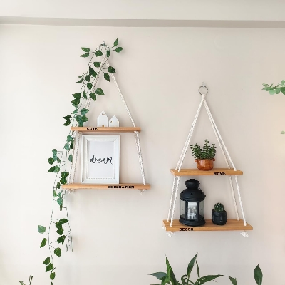Picture of (Test Product)  Furnisha  Hanging Shelves for Wall, Hanging Plant Shelf, Wooden Boho Shelves for Fall Bedroom Decor, Floating Rope Shelves Boho Wall Hanging Decor Living Room Wall Shelfs, Small Hanging Wall Shelves Bathroom
