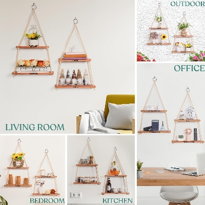 Picture of (Test Product)  Furnisha  Hanging Shelves for Wall, Hanging Plant Shelf, Wooden Boho Shelves for Fall Bedroom Decor, Floating Rope Shelves Boho Wall Hanging Decor Living Room Wall Shelfs, Small Hanging Wall Shelves Bathroom
