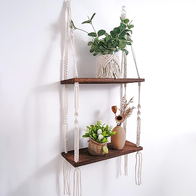 Picture of (Test Product)  Furnisha  Wall Hanging Shelf for Wall, Pine Wood Floating Macrame Shelves Boho Chic Wall Storage Shelves Cute Wood Floating Shelf 2 Tier Cotton Rope for Living Room Bathroom Bedroom Bathroom