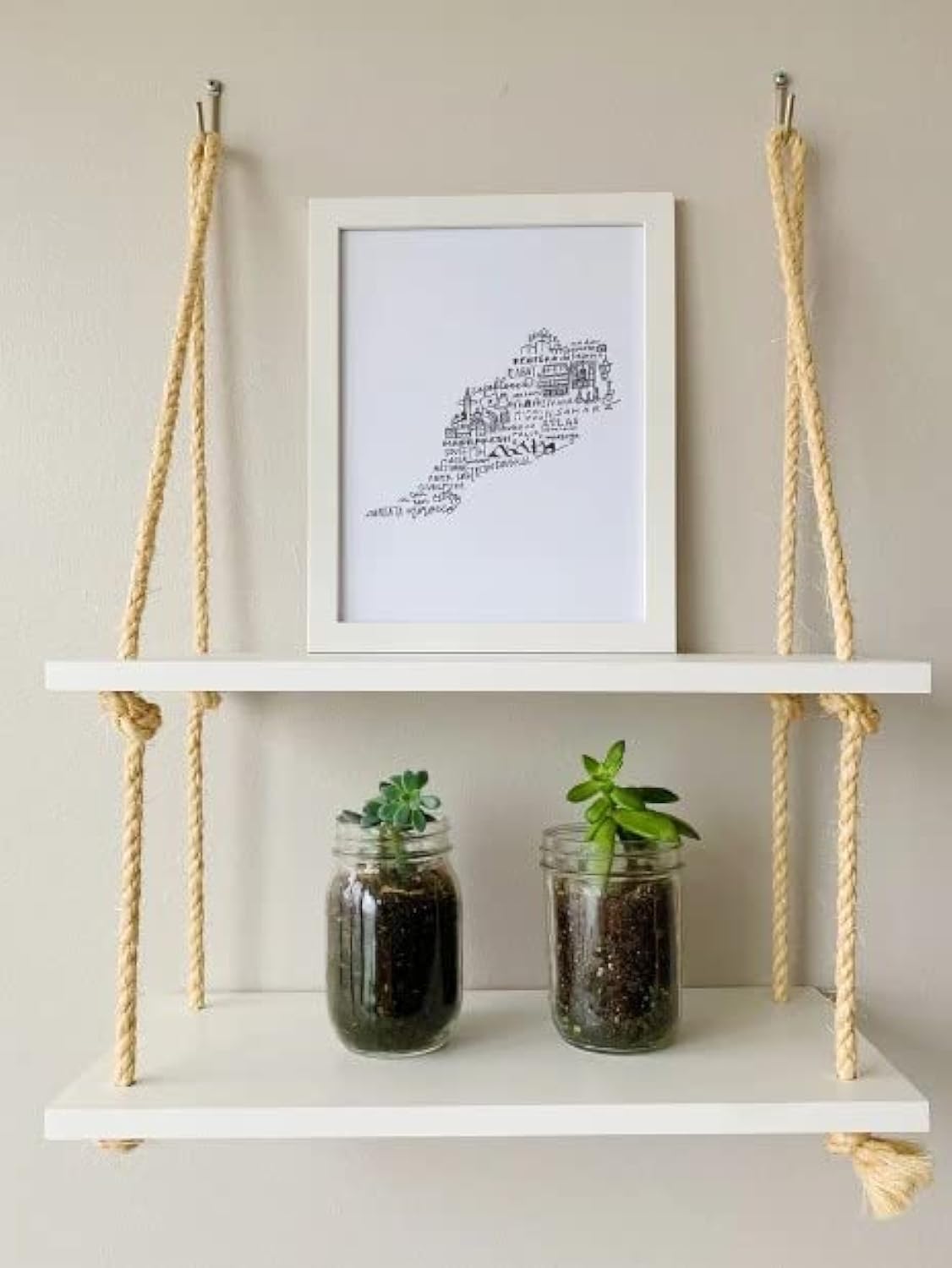 Picture of (Test Product)  Furnisha  Wall Hanging Shelf for Wall, Pine Wood Floating Macrame Shelves Boho Chic Wall Storage Shelves Cute Wood Floating Shelf 2 Tier Cotton Rope for Living Room Bathroom Bedroom Bathroom