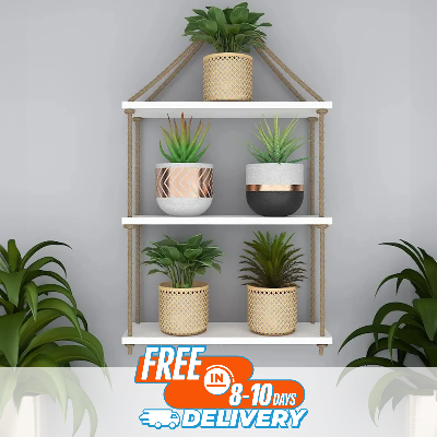 Picture of (Test Product)  Furnisha  Decorative Wall Hanging Shelf, 3 Tier Distressed Wood Jute Rope Floating Shelves, Rustic Home Wall Décor