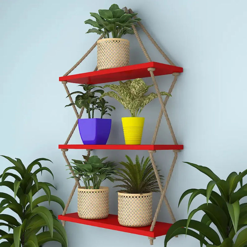 Picture of (Test Product)  Furnisha  Decorative Wall Hanging Shelf, 3 Tier Distressed Wood Jute Rope Floating Shelves, Rustic Home Wall Décor