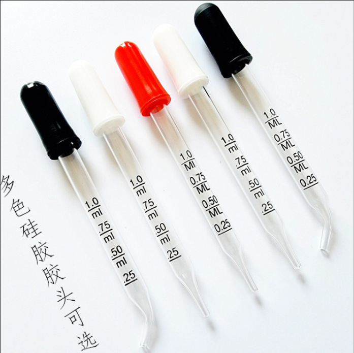 Picture of 10pcs Glass scale Medicine dropper elbow+straight head 1ml 7*77 pointed oblique head essential oil bottle dropper