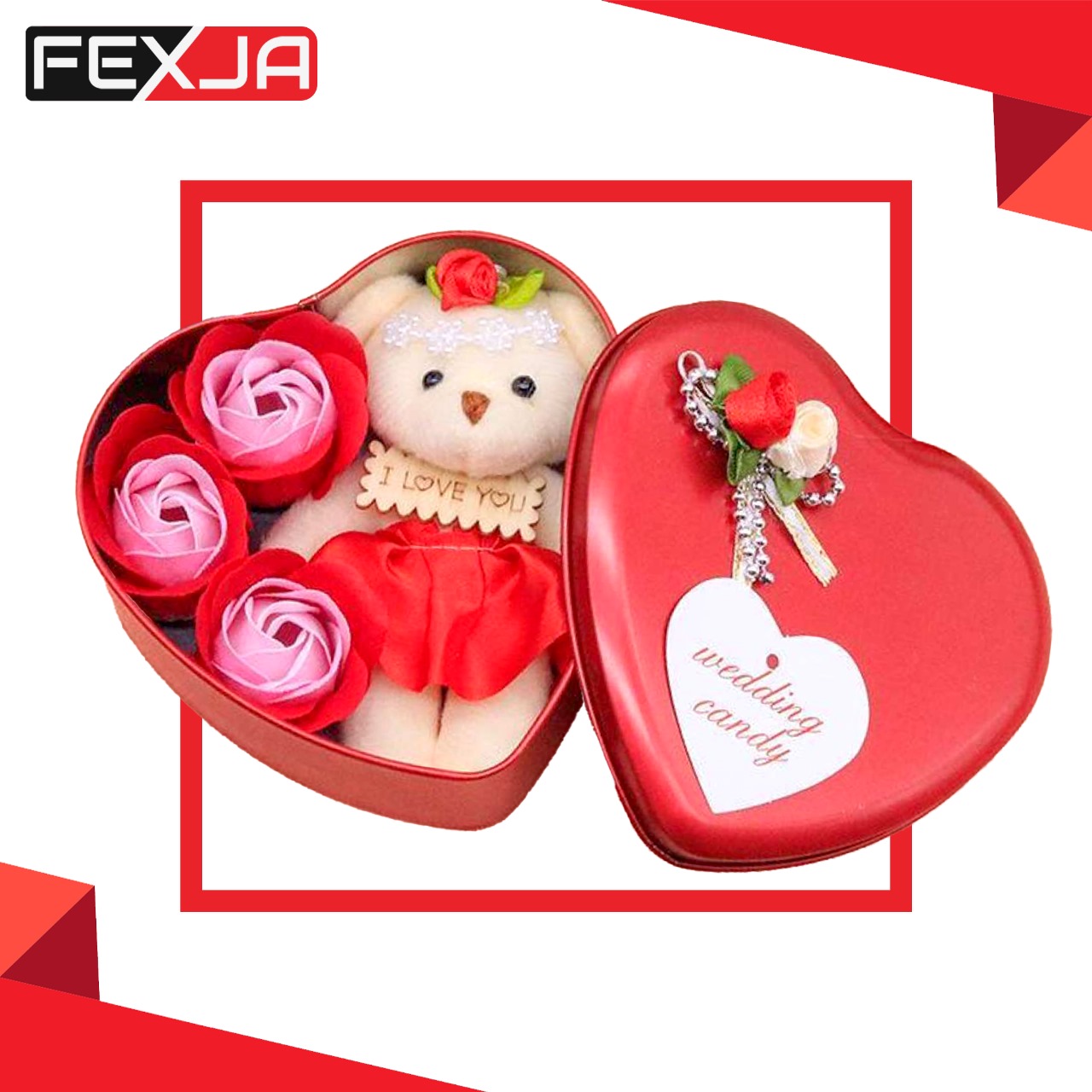 Picture of Heart-Shaped Box with Teddy and Roses Valentine Day Best Love Gift -1pcs