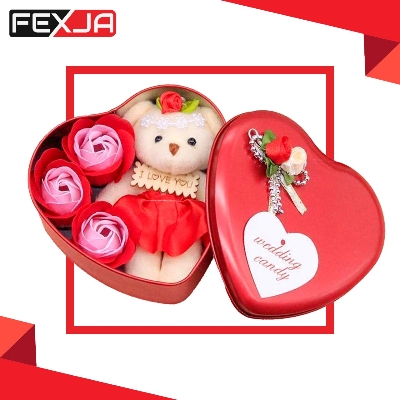 Picture of Heart-Shaped Box with Teddy and Roses Valentine Day Best Love Gift -1pcs