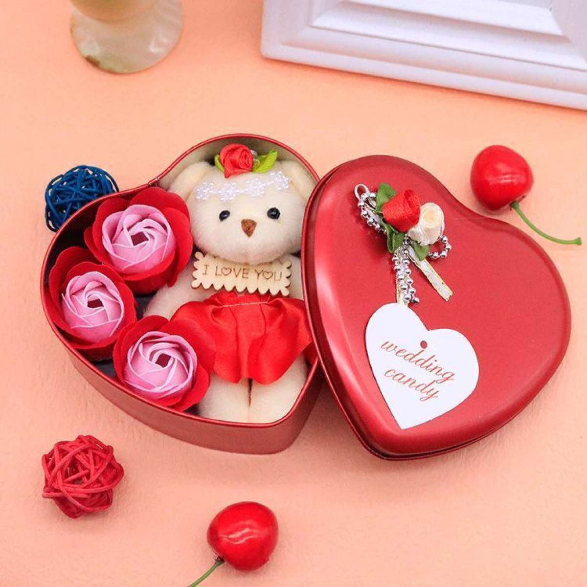 Picture of Heart-Shaped Box with Teddy and Roses Valentine Day Best Love Gift -1pcs