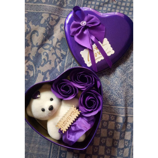 Picture of Heart-Shaped Box with Teddy and Roses Valentine Day Best Love Gift -1pcs