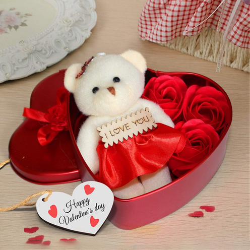 Picture of Heart-Shaped Box with Teddy and Roses Valentine Day Best Love Gift -1pcs