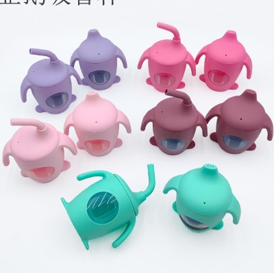 Picture of Silicone water cup with scale penguin duckbill cup /Straw cup baby visual learning to drink milk cup -1pcs