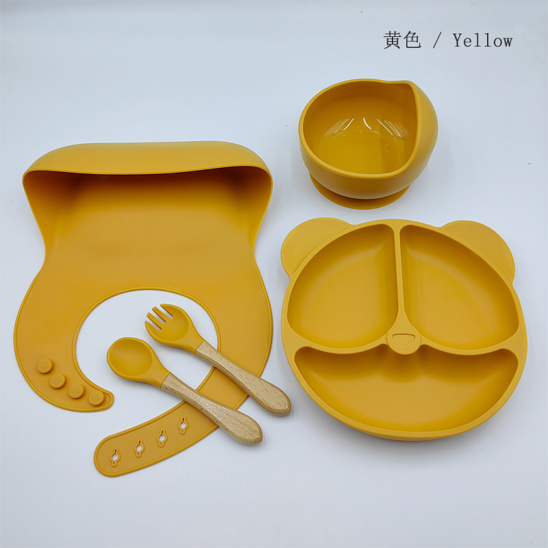 Picture of Silicon Toddler Kids Baby Feeding 5-piece set (bib + dinner plate + snail bowl + wooden handle spoon and fork)