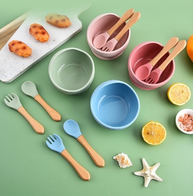 Picture of Children's silicone bowl with wooden handle fork and spoon three-piece set baby food bowl anti-fall suction cup bowl baby tableware set