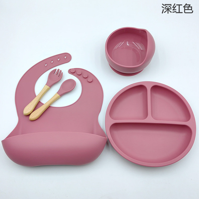 Picture of Silicon Toddler Kids Baby Feeding 5-piece set (bib + dinner plate + snail bowl + wooden handle spoon and fork)