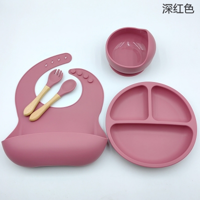 Picture of Silicon Toddler Kids Baby Feeding 5-piece set (bib + dinner plate + snail bowl + wooden handle spoon and fork)