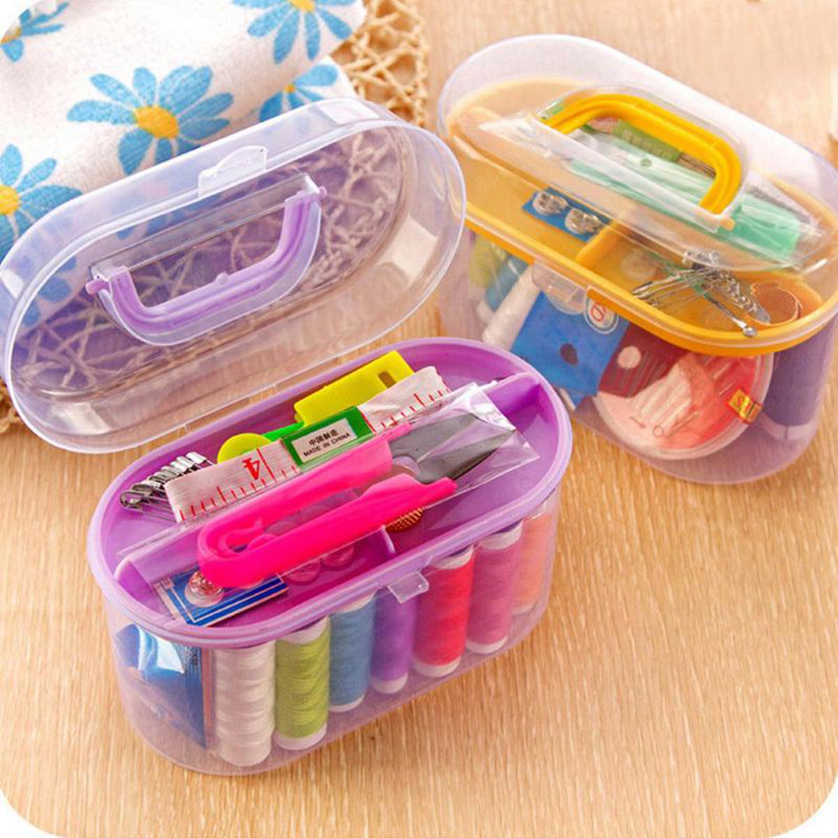 Picture of New Mini Sewing Kit Accessories Storage Organizer Box Plastic Thread Threader Needle Scissor Travel Box Sewing Tools