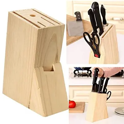 Picture of Wood Knife Holder Block Scissor Slot Storage Rack - Burly Wood