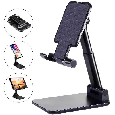 Picture of T1 Universal Ergonomic Collapsible Adjustable Metal Desktop Tablet Mobile Phone Holder Foldable Extend Cell Phone Support Desk Mount Table Stand Smart Phone Bracket black & white