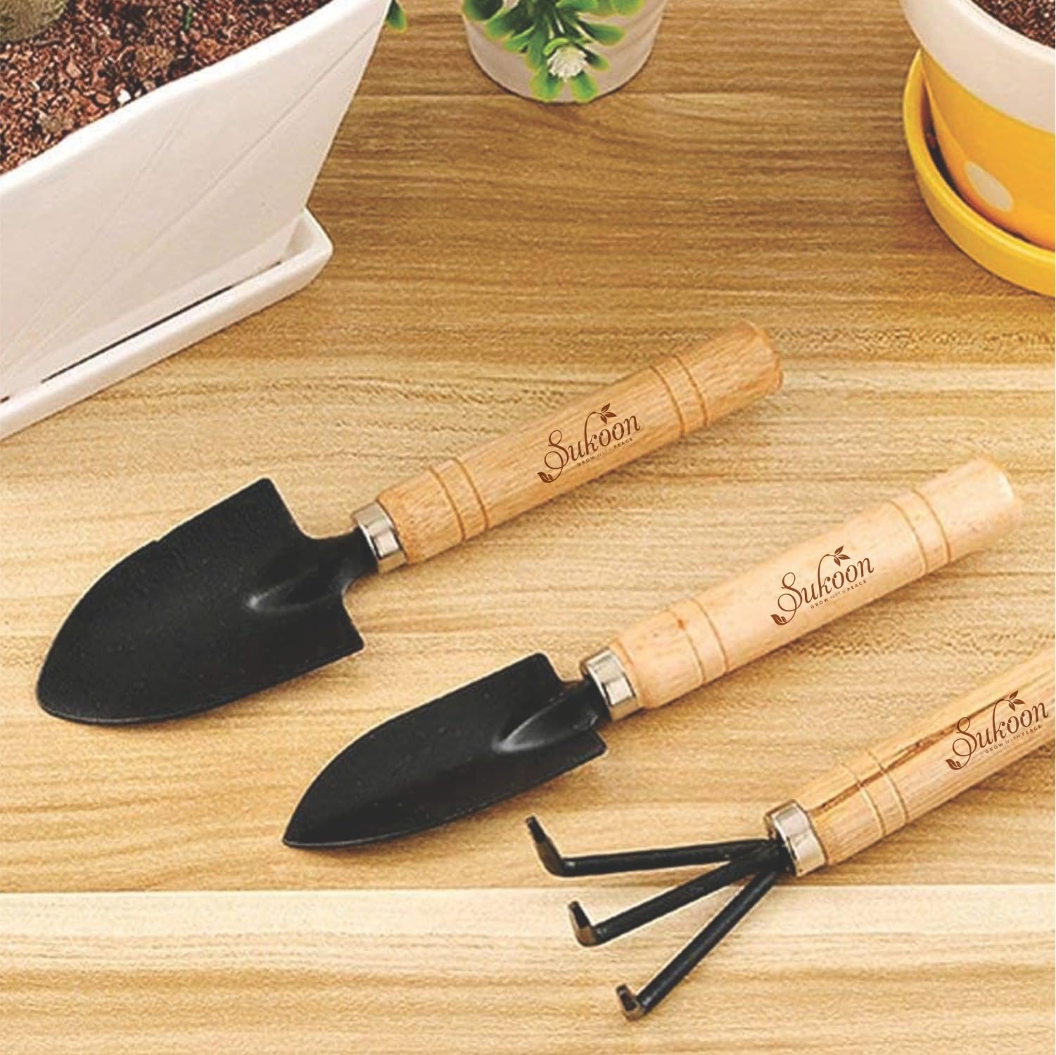 Picture of 3 Pcs Wooden Handle Iron Head Plant Tool Set Garden Tools