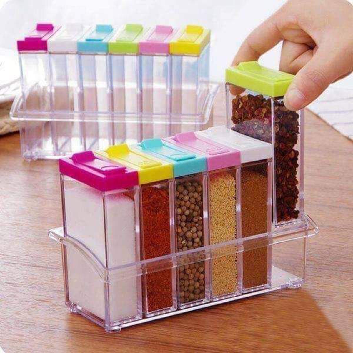 Picture of Transparent Spice Jar Set Salt and Pepper Shaker Colorful Lid Kitchen Condiment Cruet Storage Container Spice Rack Organizer
