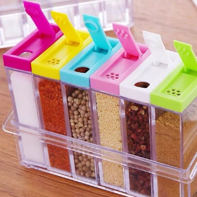 Picture of Transparent Spice Jar Set Salt and Pepper Shaker Colorful Lid Kitchen Condiment Cruet Storage Container Spice Rack Organizer