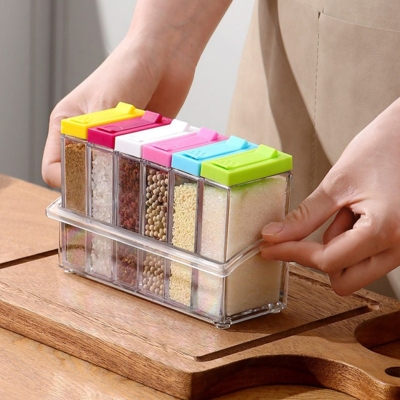 Picture of Transparent Spice Jar Set Salt and Pepper Shaker Colorful Lid Kitchen Condiment Cruet Storage Container Spice Rack Organizer