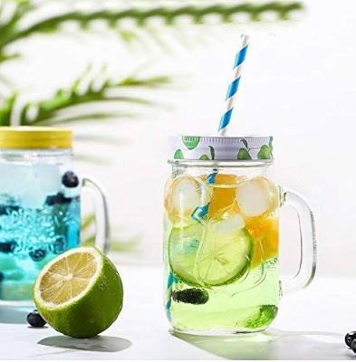 Picture of Clear Glass Jar with Lid and Straw hot Drinking Water Jars Cold Coffee Juice mug Glass Mason Jar (500 ml)