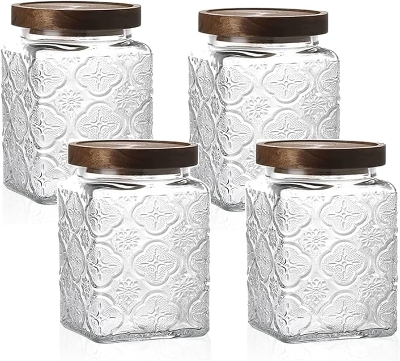 Picture of 750 ml (1 pcs) Retro Sealed Glass Jar Storage Bottle Glass Kitchen Storage Food Container Grain Jar with Wood Lid Mason Jars Embossed Begonia