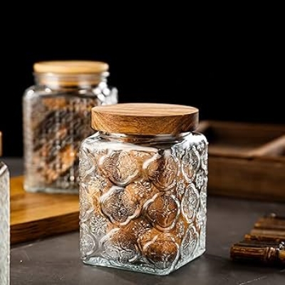 Picture of 750 ml (1 pcs) Retro Sealed Glass Jar Storage Bottle Glass Kitchen Storage Food Container Grain Jar with Wood Lid Mason Jars Embossed Begonia