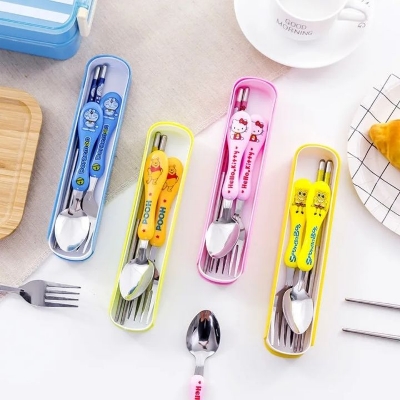 Picture of Kids Portable Stainless Steel Cutlery Anime Cute Three-Piece Spoon Fork Chopsticks Kids Student Gift Set  Cartoon tiffin spoon
