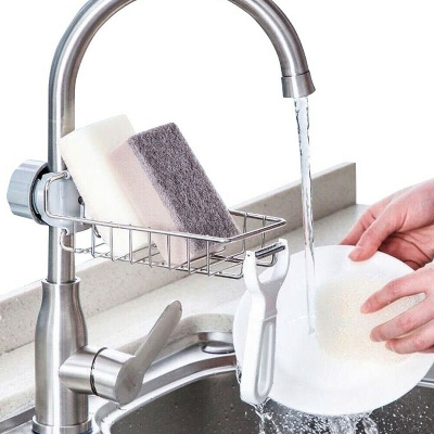 Picture of Stainless Steel Kitchen Faucet Shelf Adjustable Sink Drain Rack Sponge Dishcloth Storage Faucet Holder Soap Drainer Shelf Basket