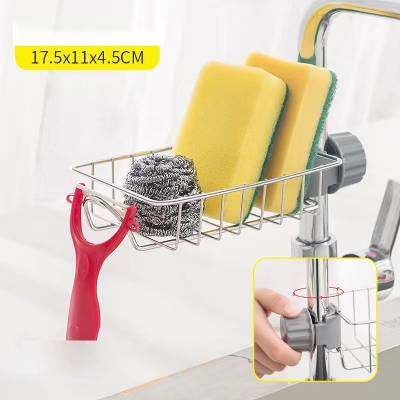 Picture of Stainless Steel Kitchen Faucet Shelf Adjustable Sink Drain Rack Sponge Dishcloth Storage Faucet Holder Soap Drainer Shelf Basket