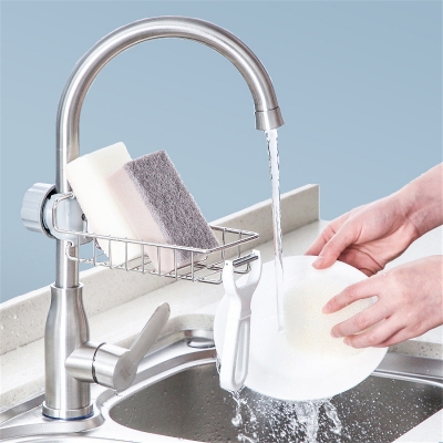 Picture of Stainless Steel Kitchen Faucet Shelf Adjustable Sink Drain Rack Sponge Dishcloth Storage Faucet Holder Soap Drainer Shelf Basket