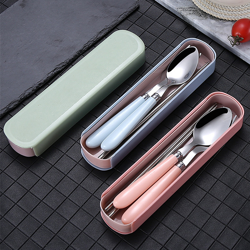 Picture of Travel Spoon Fork Chopstick Cutlery Portable Dinnerware Kit 4 PCS set Lunch Tableware With Box Set 401 Stainless Steel Kitchen Accessories