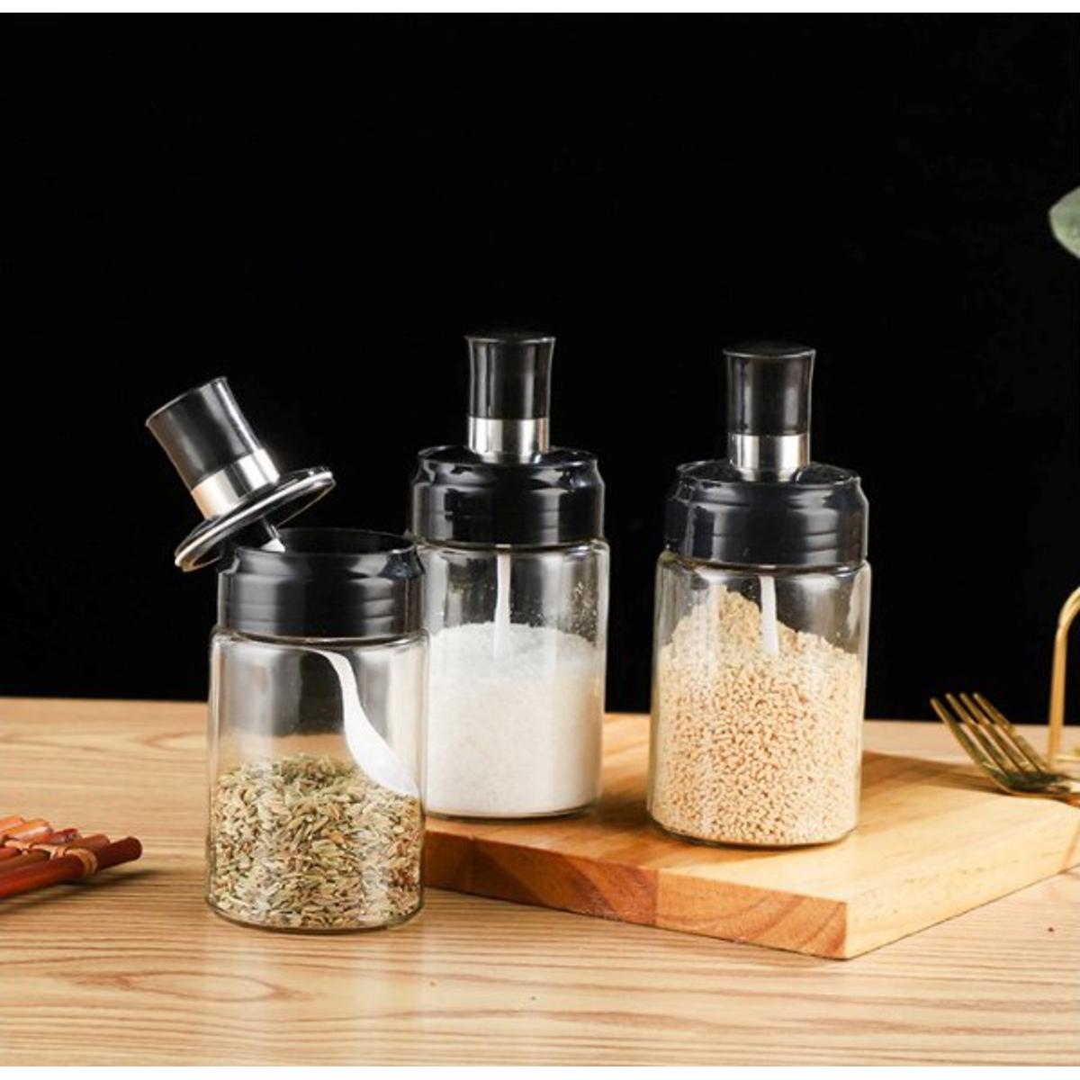 Picture of 3 pis Clear Glass Seasoning Bottle Spice Organizer Jar Condiment Container Salt Sugar Pepper Oliver Oil Storage for Kitchen BBQ Tools