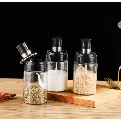 Picture of 3 pis Clear Glass Seasoning Bottle Spice Organizer Jar Condiment Container Salt Sugar Pepper Oliver Oil Storage for Kitchen BBQ Tools