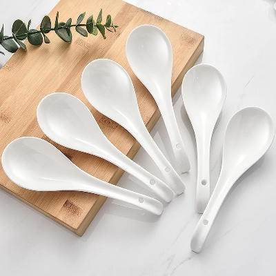 Picture of Plain White Ceramic Spoon (6 pcs) Kis Soup Spoon, Korean Chinese Rice Scoop Ice Cream Ladle, Porcelain Dinner Spoon - Minimalistic Sophistication