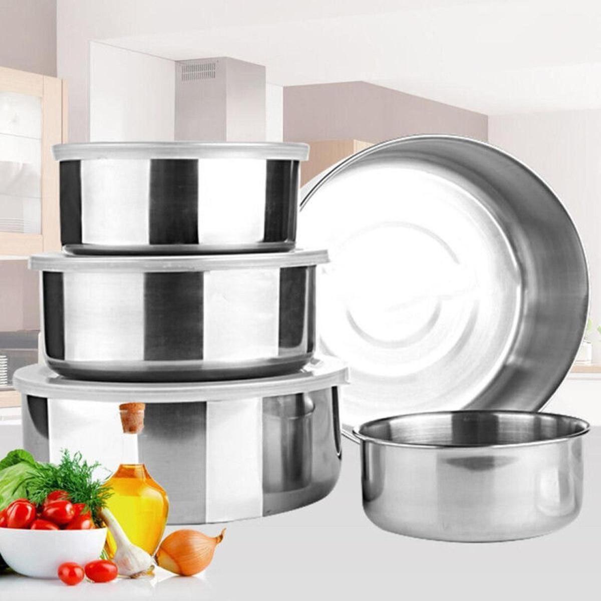 Picture of 5 Pcs Mixing Stainless Steel Food Storage Bowls Reusable Fresh-keeping Boxes with 5 Lids Set Cover Kitchen Cookware hot sale