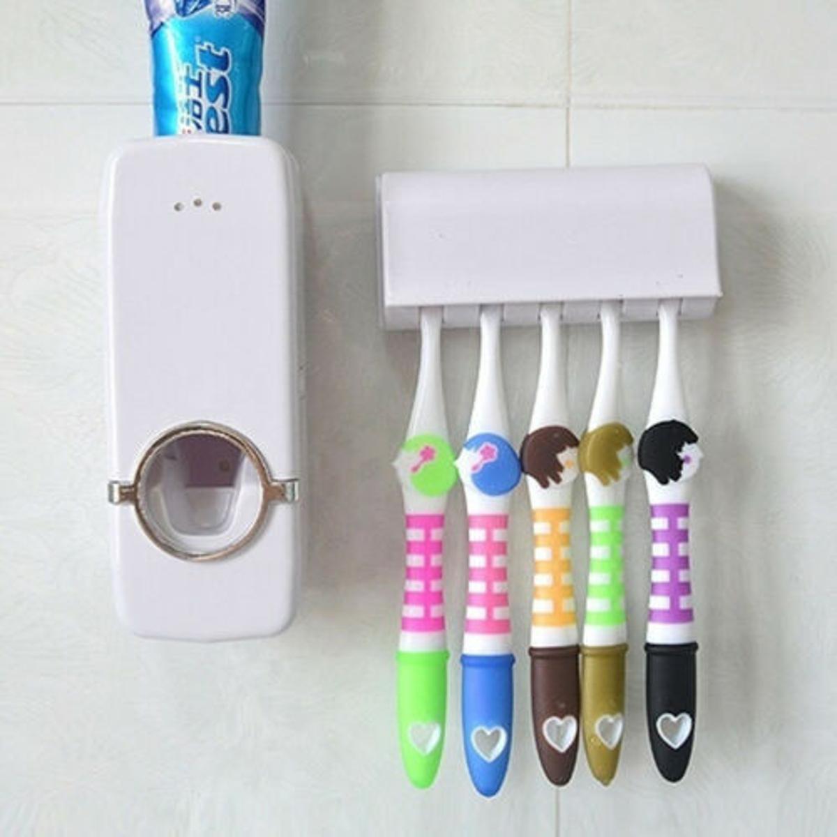 Picture of ABS Toothbrush Holder Universal Wall Mounted Tooth Brush Organizer With Automatic Toothpaste Dispenser