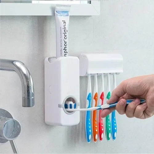 Picture of ABS Toothbrush Holder Universal Wall Mounted Tooth Brush Organizer With Automatic Toothpaste Dispenser