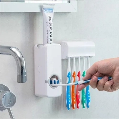 Picture of ABS Toothbrush Holder Universal Wall Mounted Tooth Brush Organizer With Automatic Toothpaste Dispenser