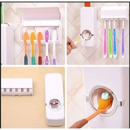 Picture of ABS Toothbrush Holder Universal Wall Mounted Tooth Brush Organizer With Automatic Toothpaste Dispenser