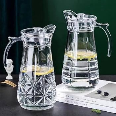 Picture of DELISOGA Deli Glassware Crystal Clear Glass Water Jug And Juice Jug And Pitcher With Plastic Lid,Water Jug/ glass juice jar- 1.8 Litre