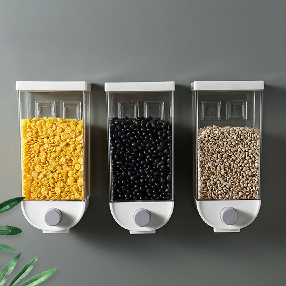Picture of Kitchen Dry Food Storage Box Wall Mounted Cereal Dispenser Easy Press Container Kitchen Plastic Grain Organizer Canister