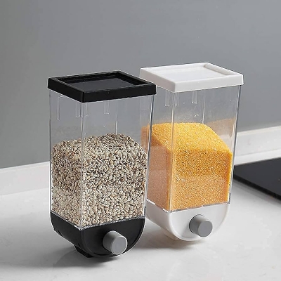 Picture of Kitchen Dry Food Storage Box Wall Mounted Cereal Dispenser Easy Press Container Kitchen Plastic Grain Organizer Canister