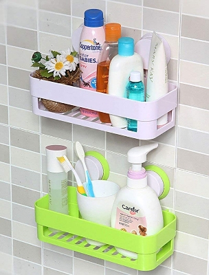 Picture of Plastic Vacuum Suction Shelf Wall Mounted Plastic Storage Rack Suction Bathroom Shelf Washroom Kitchen Toilets Shower Shampoo Storage Holder