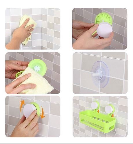 Picture of Plastic Vacuum Suction Shelf Wall Mounted Plastic Storage Rack Suction Bathroom Shelf Washroom Kitchen Toilets Shower Shampoo Storage Holder