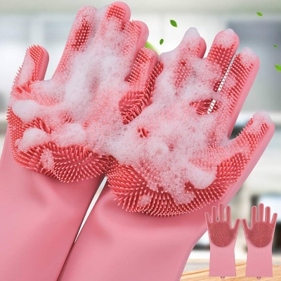 Picture of Dishwashing Cleaning Gloves Magic Silicone Rubber Dish Washing Gloves for Household Sponge Scrubber Kitchen Cleaning Tools