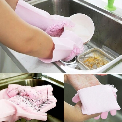 Picture of Dishwashing Cleaning Gloves Magic Silicone Rubber Dish Washing Gloves for Household Sponge Scrubber Kitchen Cleaning Tools